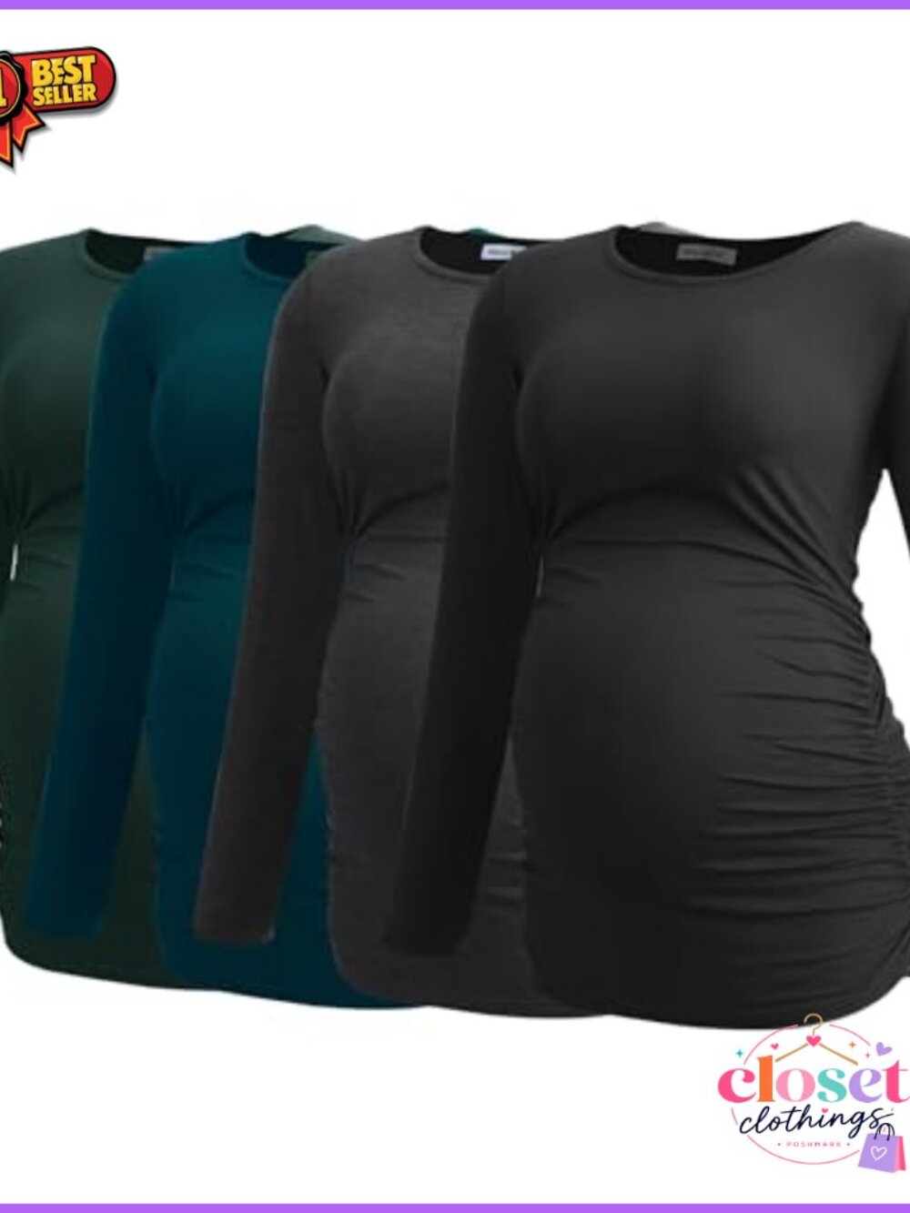 Maternity Long Sleeve Tops 4 Pack Ruched Pregnancy Shirts
